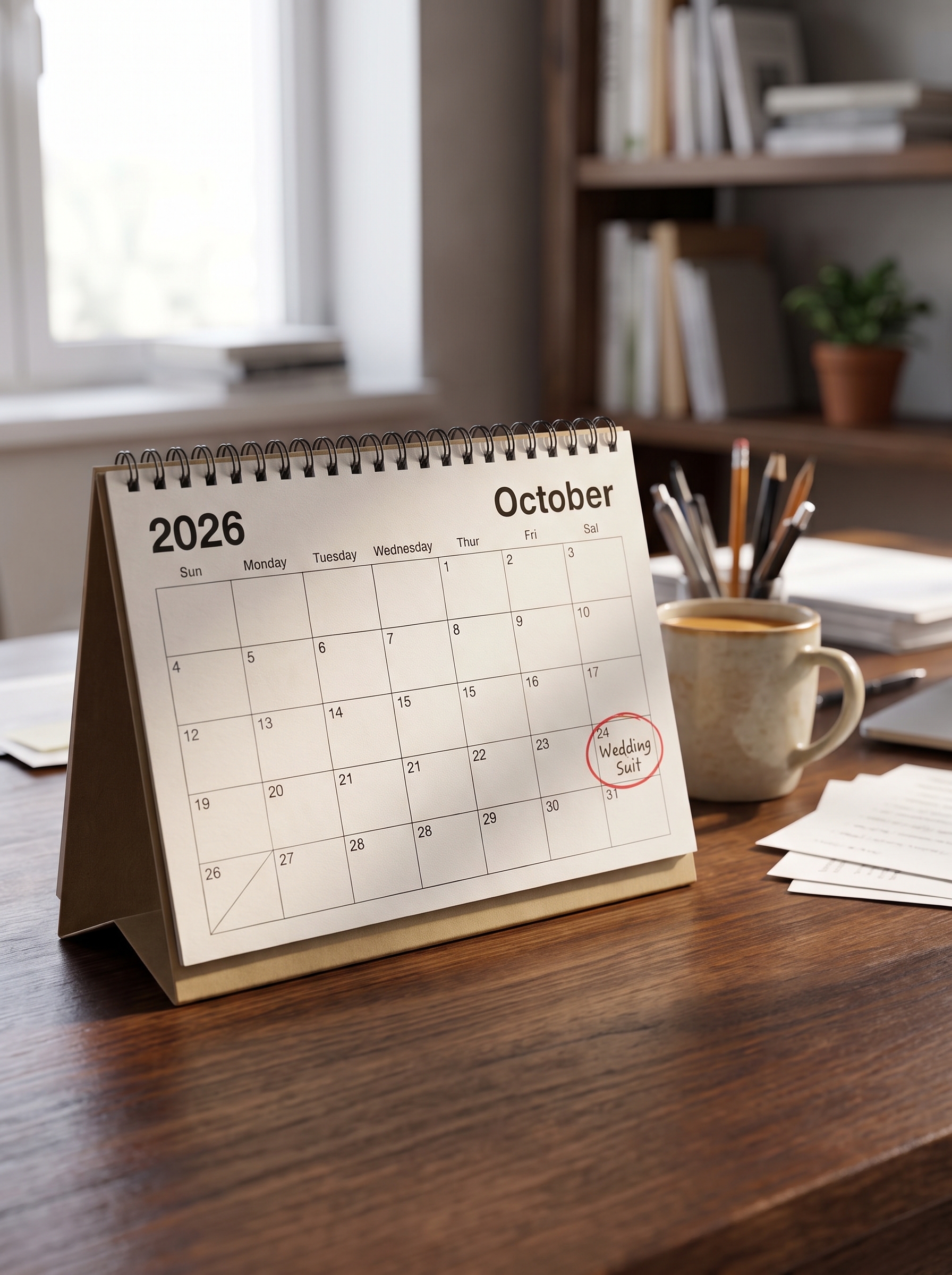 October 2026 desk calendar with a wedding suit date circled